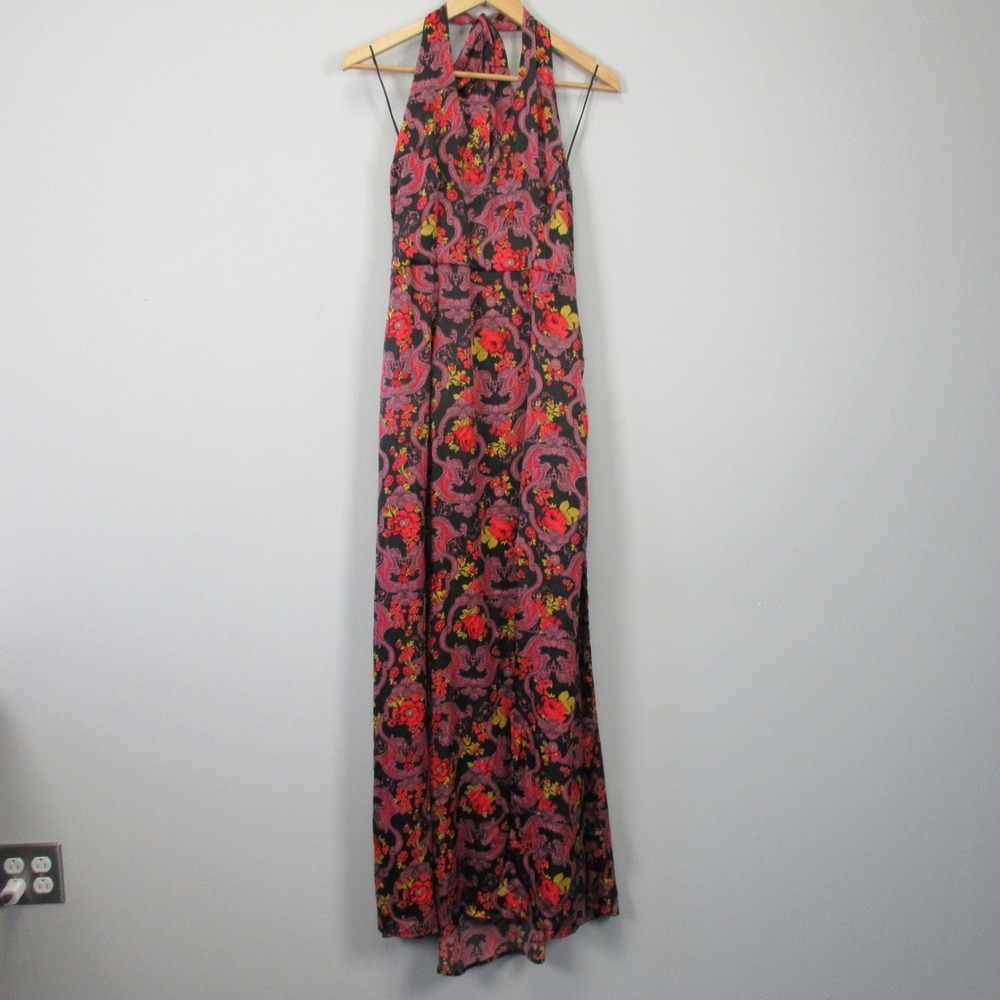 ModCloth Halter Maxi Dress 12 Black Red Floral Paisley Party Cocktail Boho 350